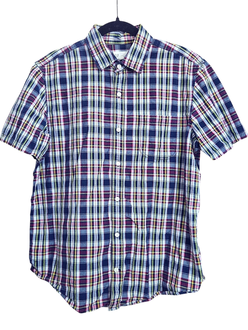 GAP Navy, White Red & Yellow Plaid Short Sleeve Button Down Shirt Large